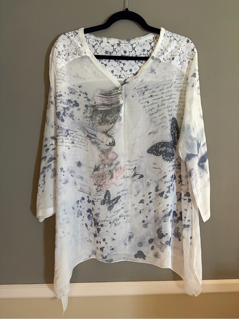 Adore Tunic Chiffon Lace Sheer Butterfly Floral Boho Romantic Asymmetrical Hem